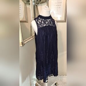 Taylor & Sage Blue Lace Dress. Sheer Top Lace Layer. High Button Neck Mini Dress